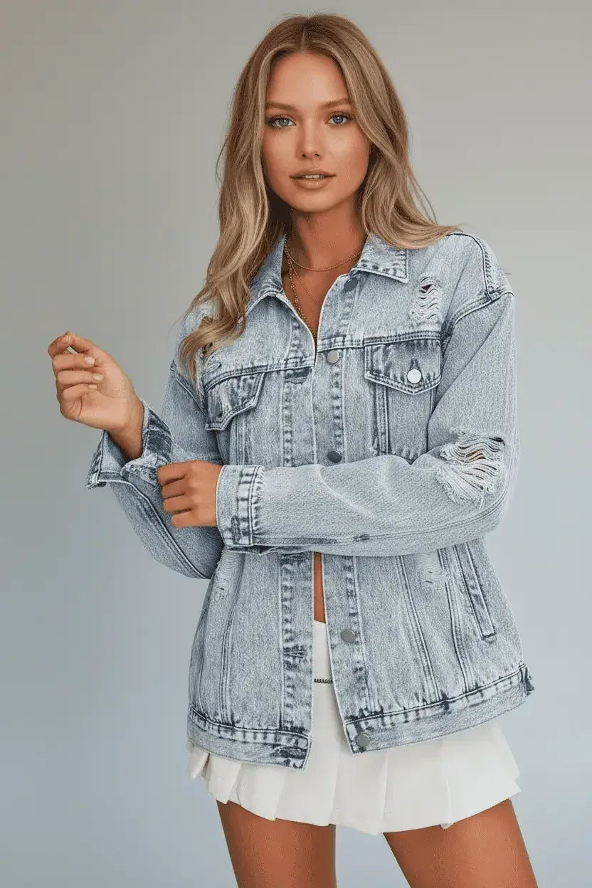 Distressed Wash Button Up Denim Jacket - DAVERRI FASHIONS