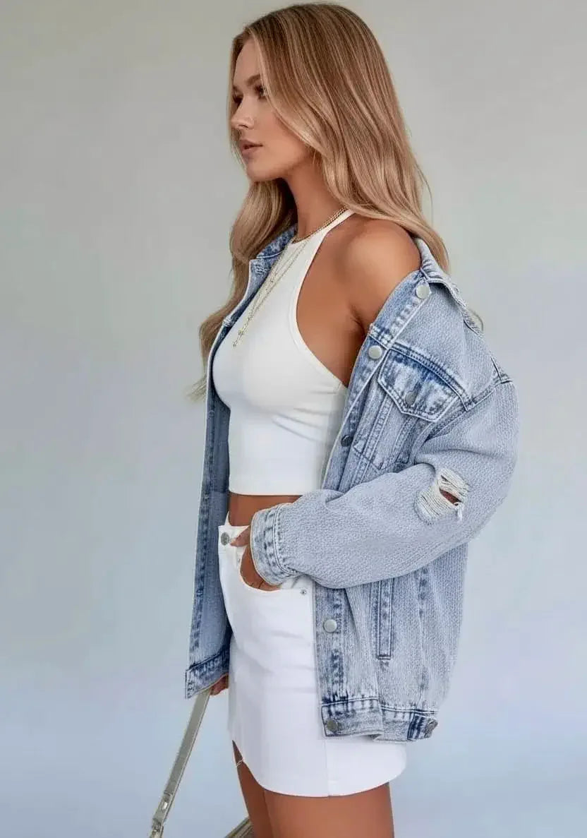 Distressed Wash Button Up Denim Jacket - DAVERRI FASHIONS