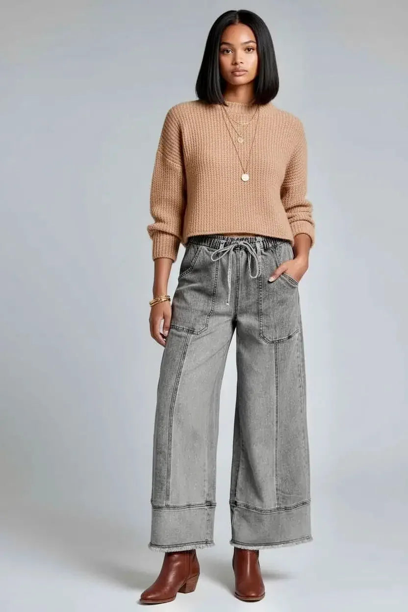 Wide Leg Drawstring Raw Hem Jeans - DAVERRI FASHIONS