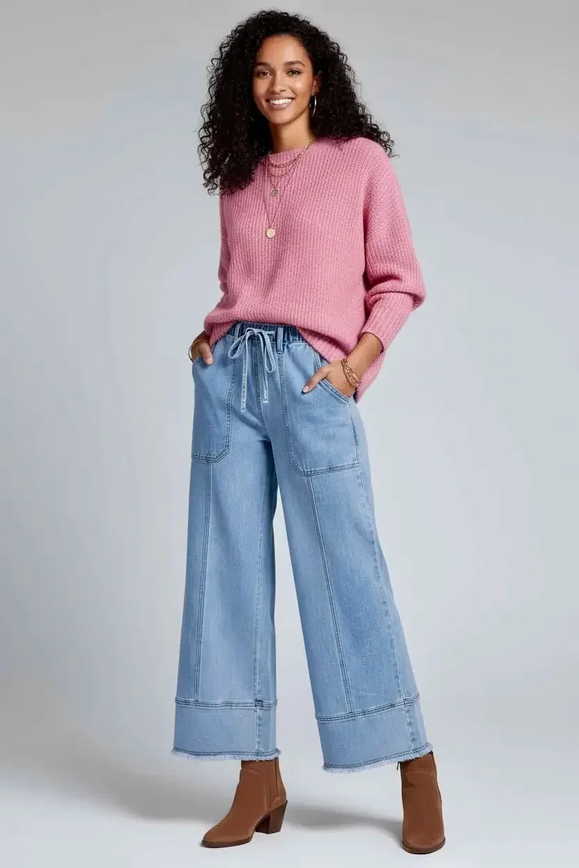 Wide Leg Drawstring Raw Hem Jeans - DAVERRI FASHIONS