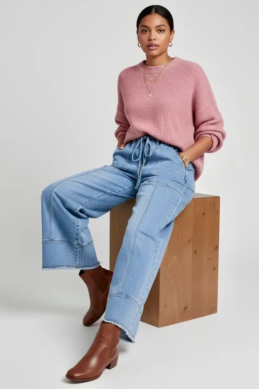 Wide Leg Drawstring Raw Hem Jeans - DAVERRI FASHIONS