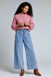 Wide Leg Drawstring Raw Hem Jeans