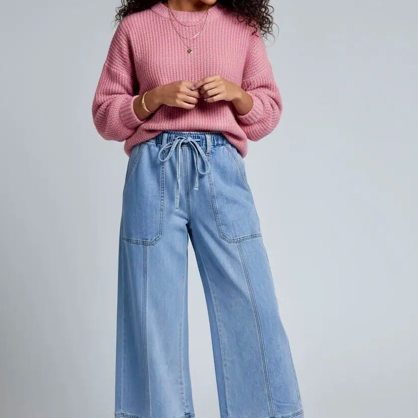 Wide Leg Drawstring Raw Hem Jeans | Jeans Daverri Fashions