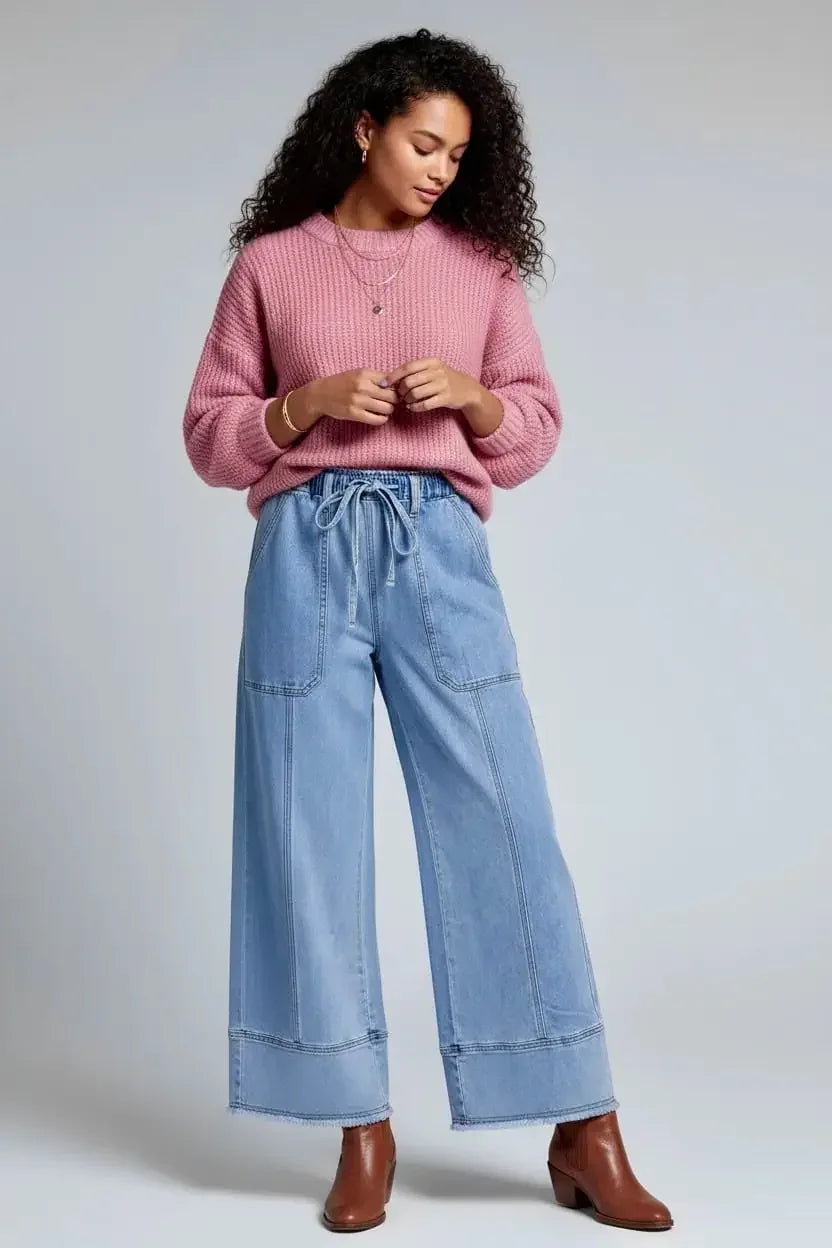 Wide Leg Drawstring Raw Hem Jeans - DAVERRI FASHIONS