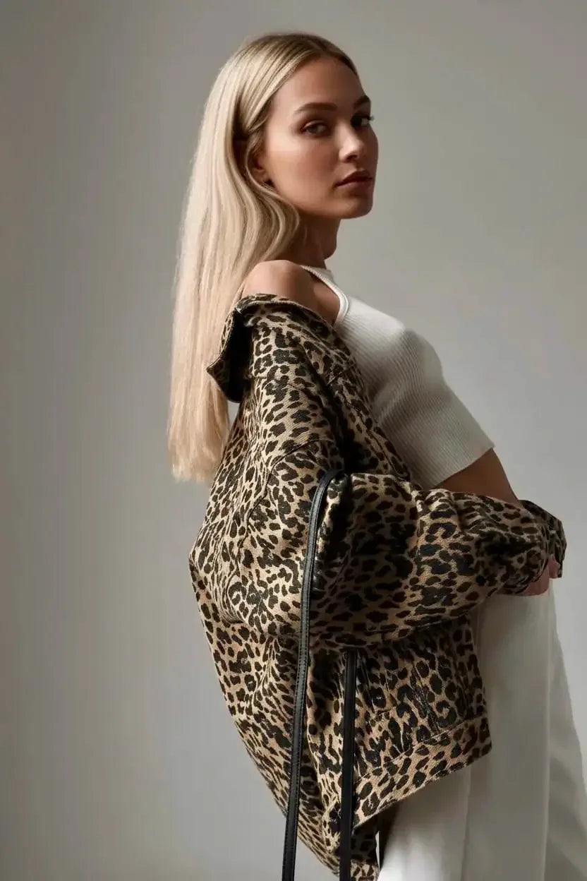 Leopard Button Up Long Sleeve Denim Jacket - DAVERRI FASHIONS
