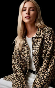 Leopard Button Up Long Sleeve Denim Jacket | Denim Jackets Daverri Fashions