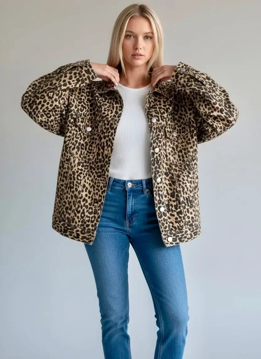Leopard Button Up Long Sleeve Denim Jacket - DAVERRI FASHIONS