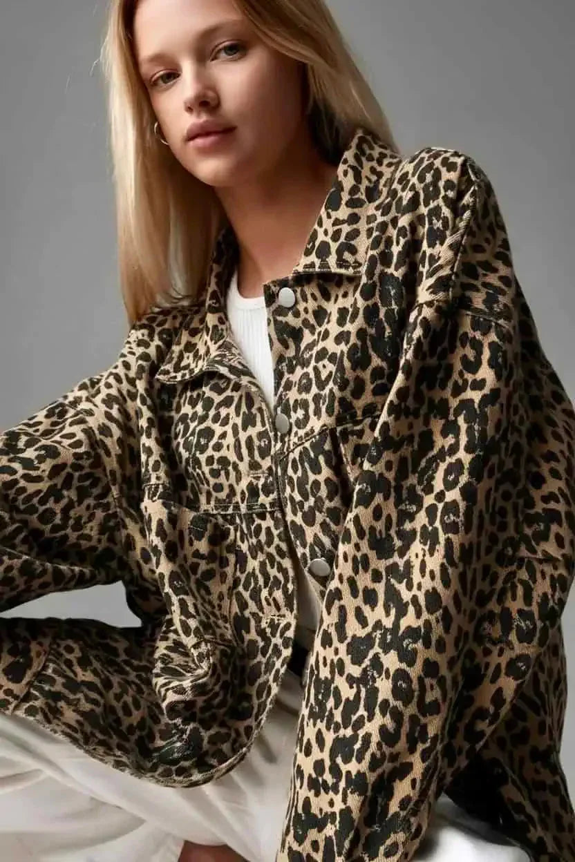 Leopard Button Up Long Sleeve Denim Jacket - DAVERRI FASHIONS