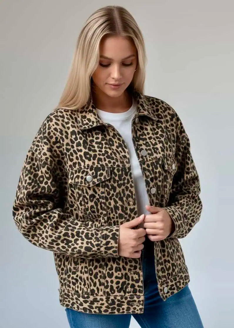 Leopard Button Up Long Sleeve Denim Jacket | Denim Jackets Daverri Fashions