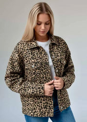 Leopard Button Up Long Sleeve Denim Jacket | Denim Jackets Daverri Fashions