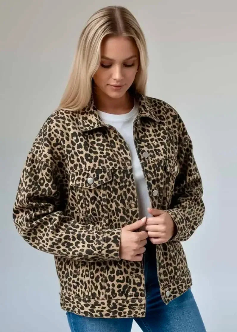 Leopard Button Up Long Sleeve Denim Jacket - DAVERRI FASHIONS