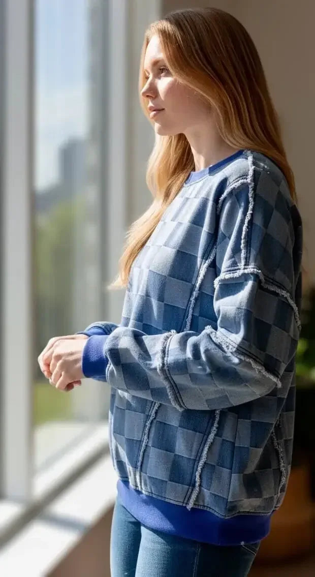 Checkerboard Splicing Raw Detail Oversized Denim Top - DAVERRI FASHIONS