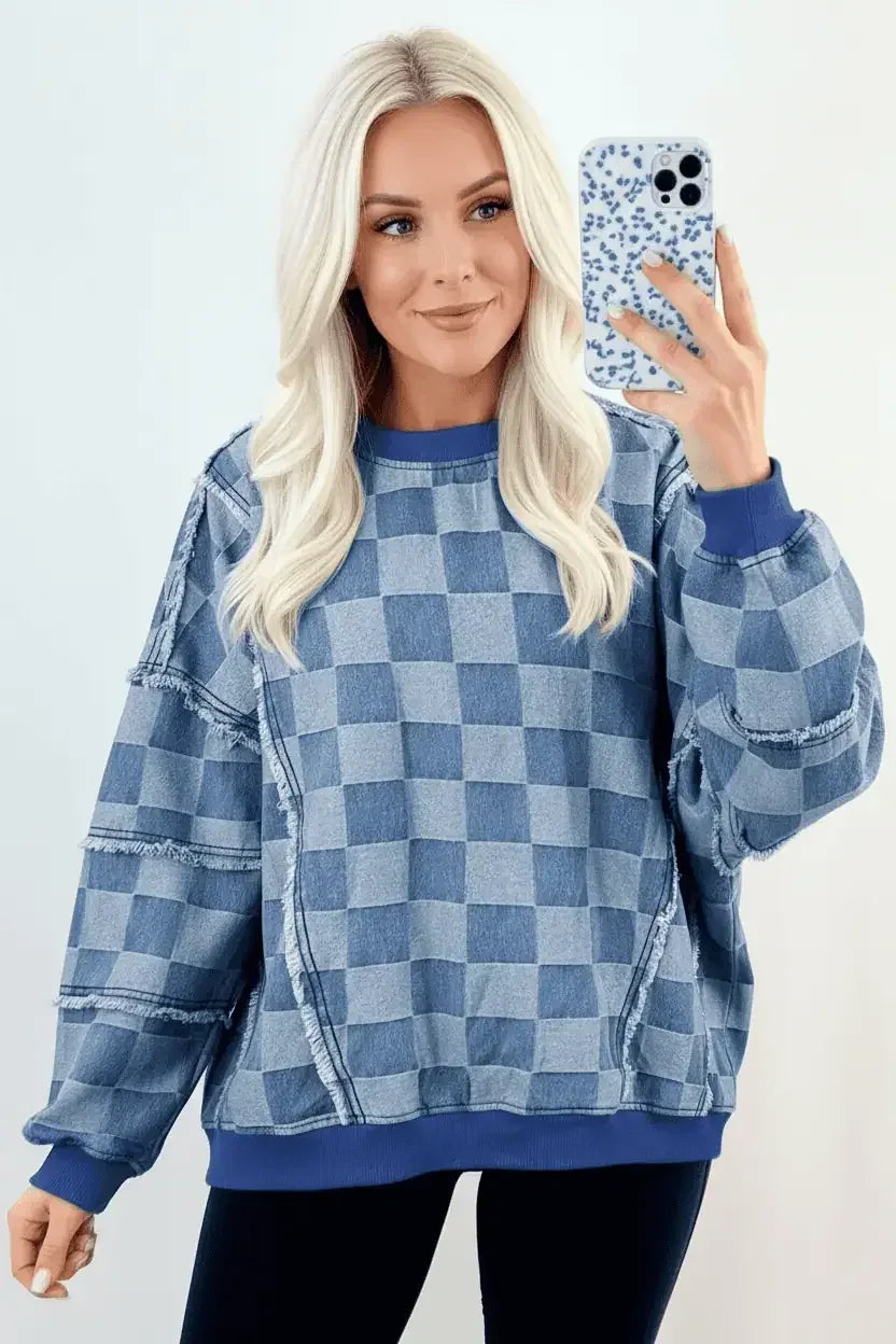 Checkerboard Splicing Raw Detail Oversized Denim Top - DAVERRI FASHIONS