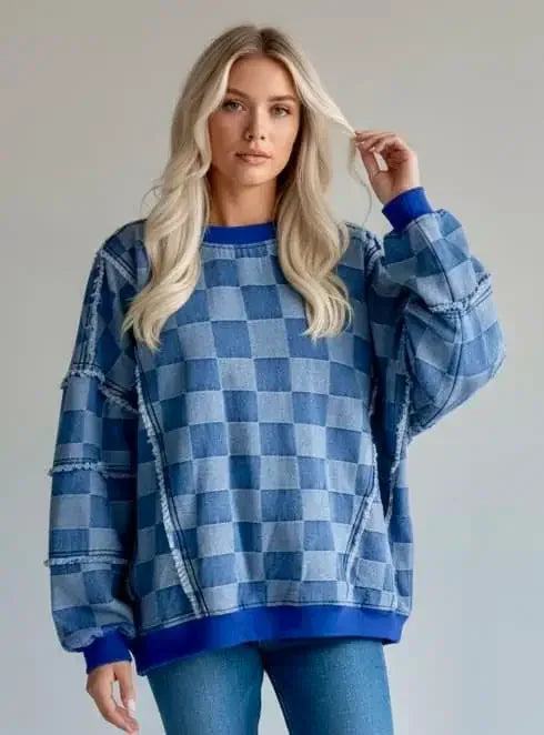 Checkerboard Splicing Raw Detail Oversized Denim Top - DAVERRI FASHIONS