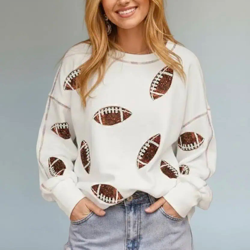 Sequin Football Round Neck Long Sleeve Sweatshirt | Sweatshirts Daverri Fashions