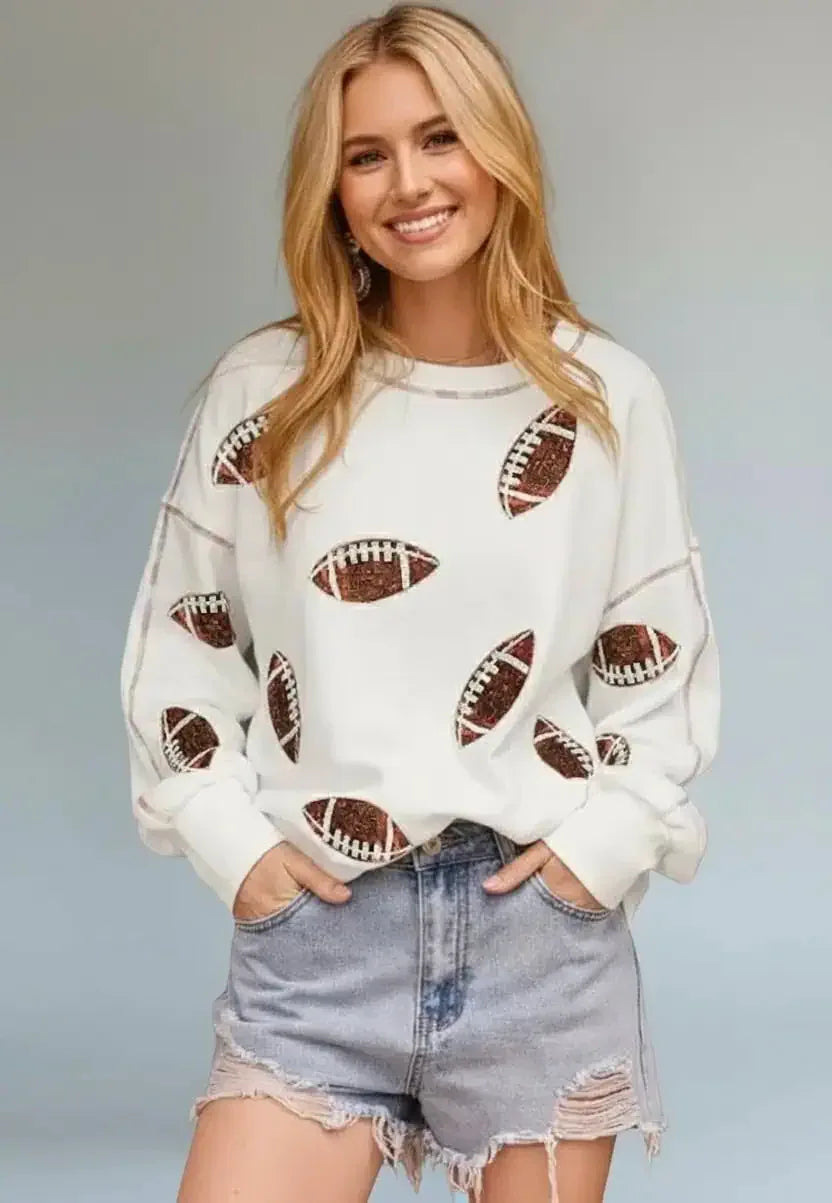 Sequin Football Round Neck Long Sleeve Sweatshirt - DAVERRI FASHIONS