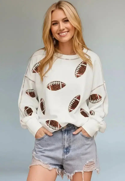 Sequin Football Round Neck Long Sleeve Sweatshirt - DAVERRI FASHIONS