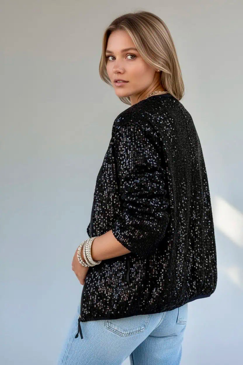 Sequin Zip Up Long Sleeve Jacket | Jackets Daverri Fashions