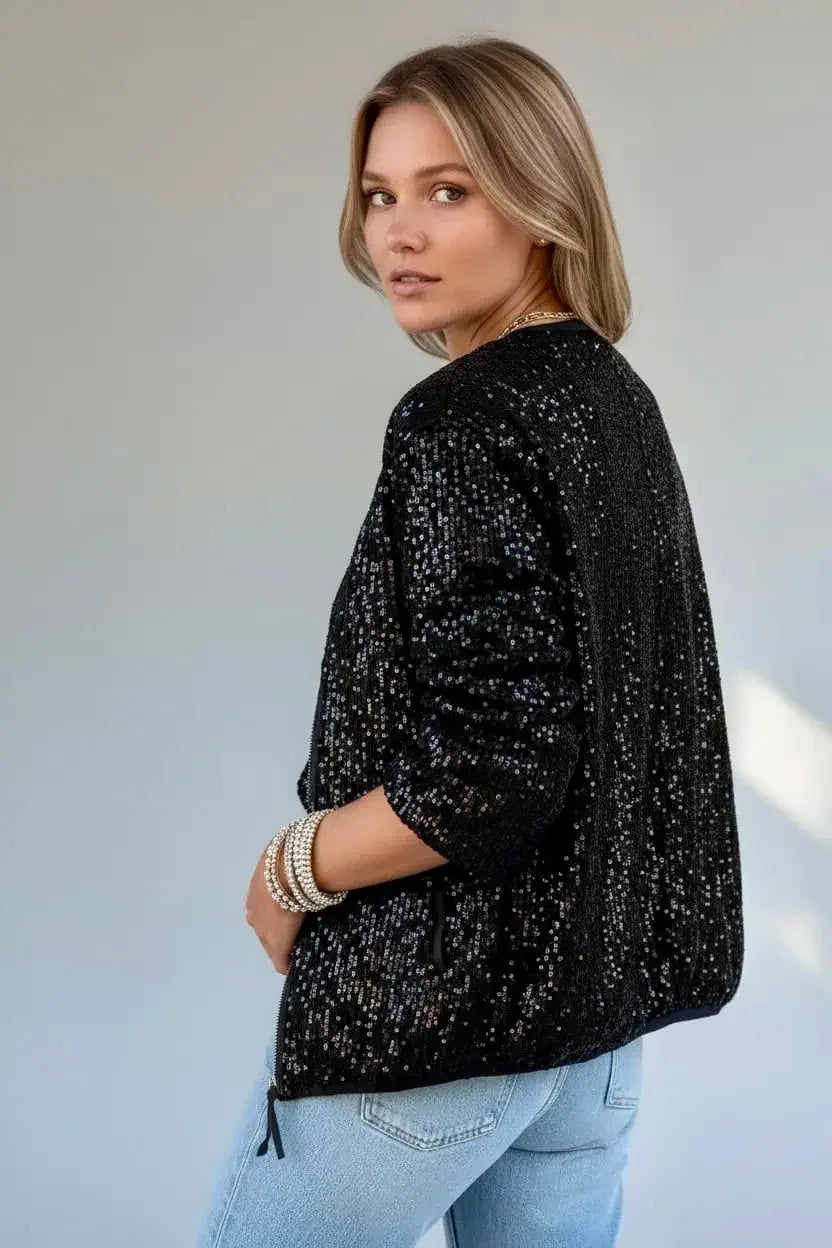 Sequin Zip Up Long Sleeve Jacket - DAVERRI FASHIONS