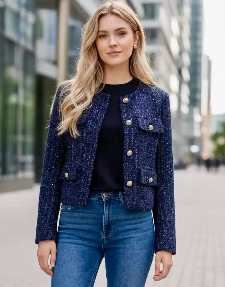 Tweed Button Up Cropped Jacket | Jackets Daverri Fashions