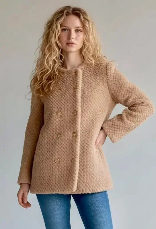 Textured Double-breasted Faux Shearling Jacket - DAVERRI FASHIONS