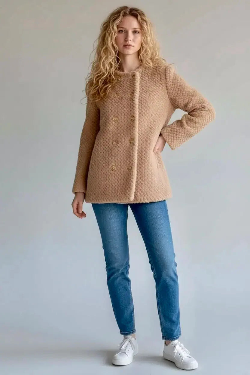 Textured Double-breasted Faux Shearling Jacket - DAVERRI FASHIONS