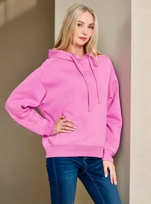 Zenana Drawstring Relaxed Fit Fleece Hoodie Bright Mauve - DAVERRI FASHIONS