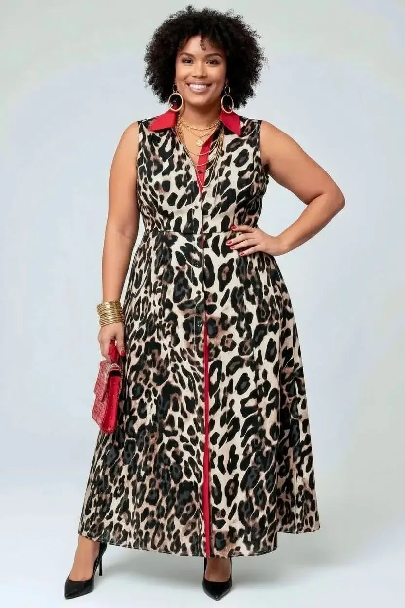 Plus Size Leopard Print Sleeveless Maxi Dress - DAVERRI FASHIONS