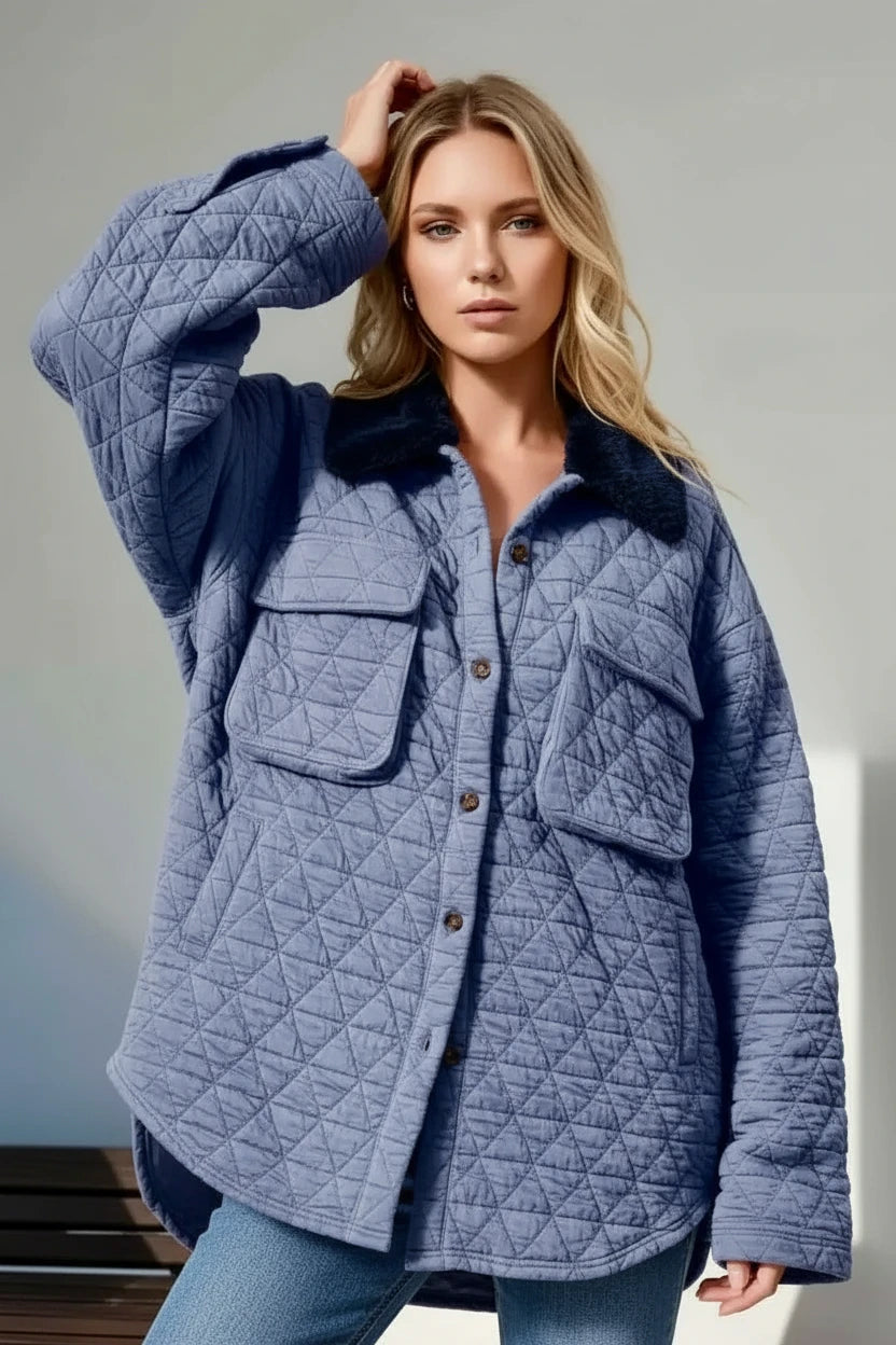 Double Take Button Up Quilted Shacket with Chest Pockets