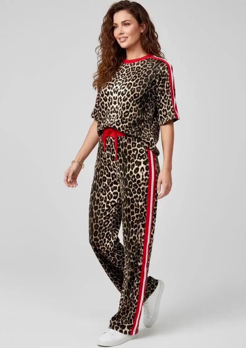 Leopard Round Neck Top and Pants Two-Piece Set - DAVERRI FASHIONS