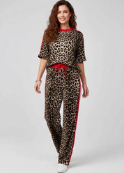 Leopard Round Neck Top and Pants Two-Piece Set | Loungewear Sets Daverri Fashions