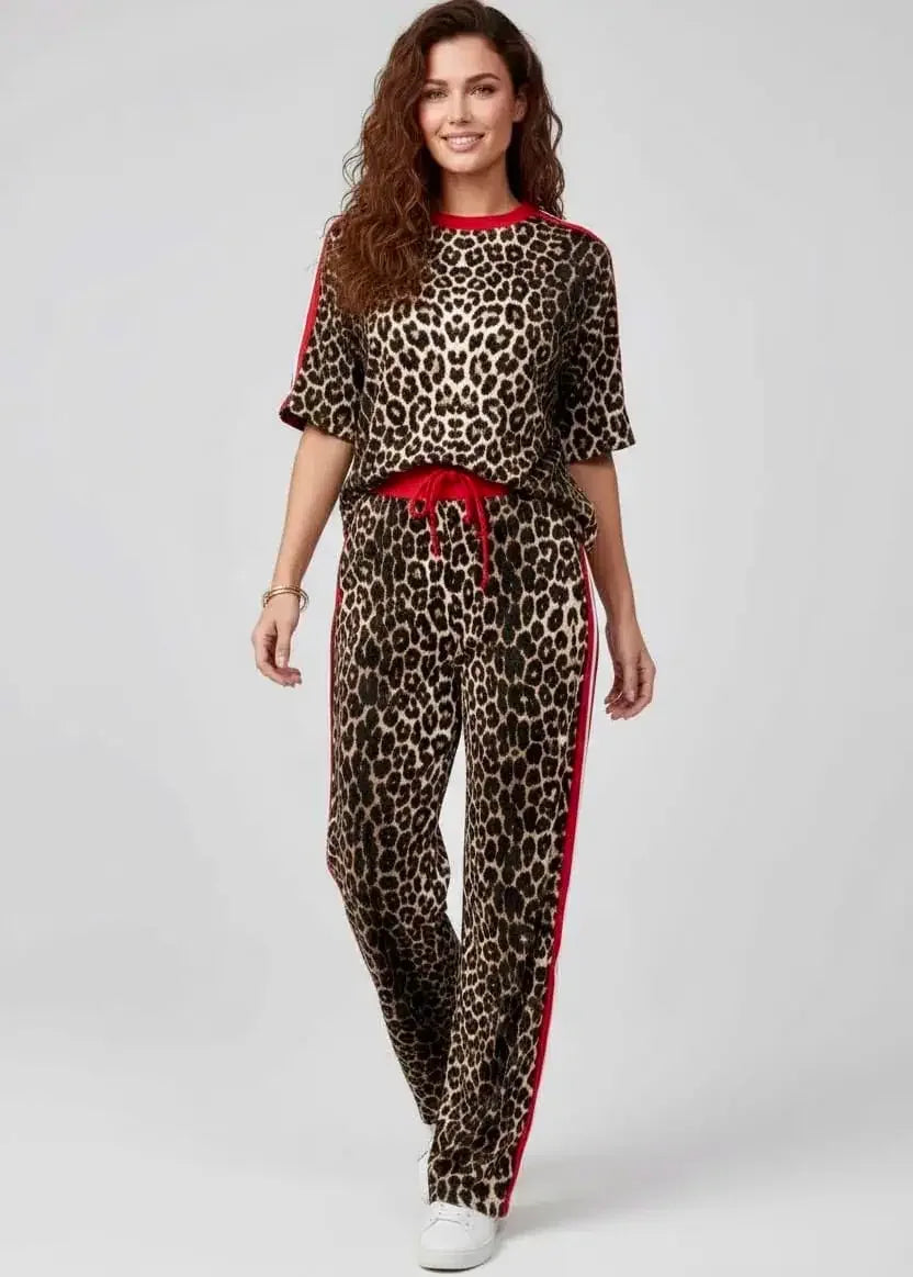 Leopard Round Neck Top and Pants Two-Piece Set - DAVERRI FASHIONS