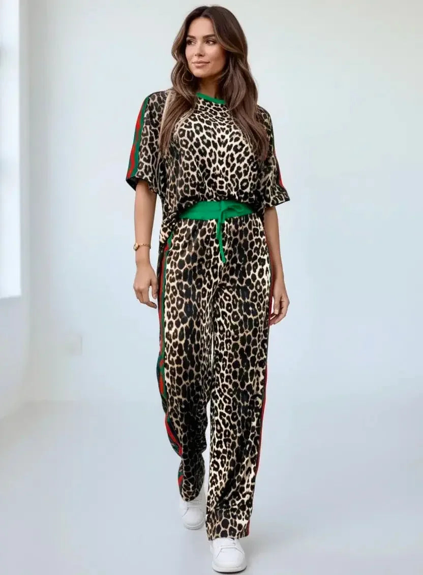 Leopard Round Neck Top and Pants Two-Piece Set - DAVERRI FASHIONS