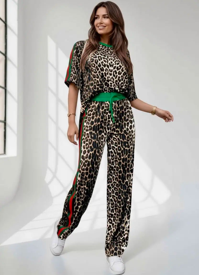 Leopard Round Neck Top and Pants Two-Piece Set | Loungewear Sets Daverri Fashions