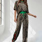Leopard Round Neck Top and Pants Two-Piece Set - DAVERRI FASHIONS