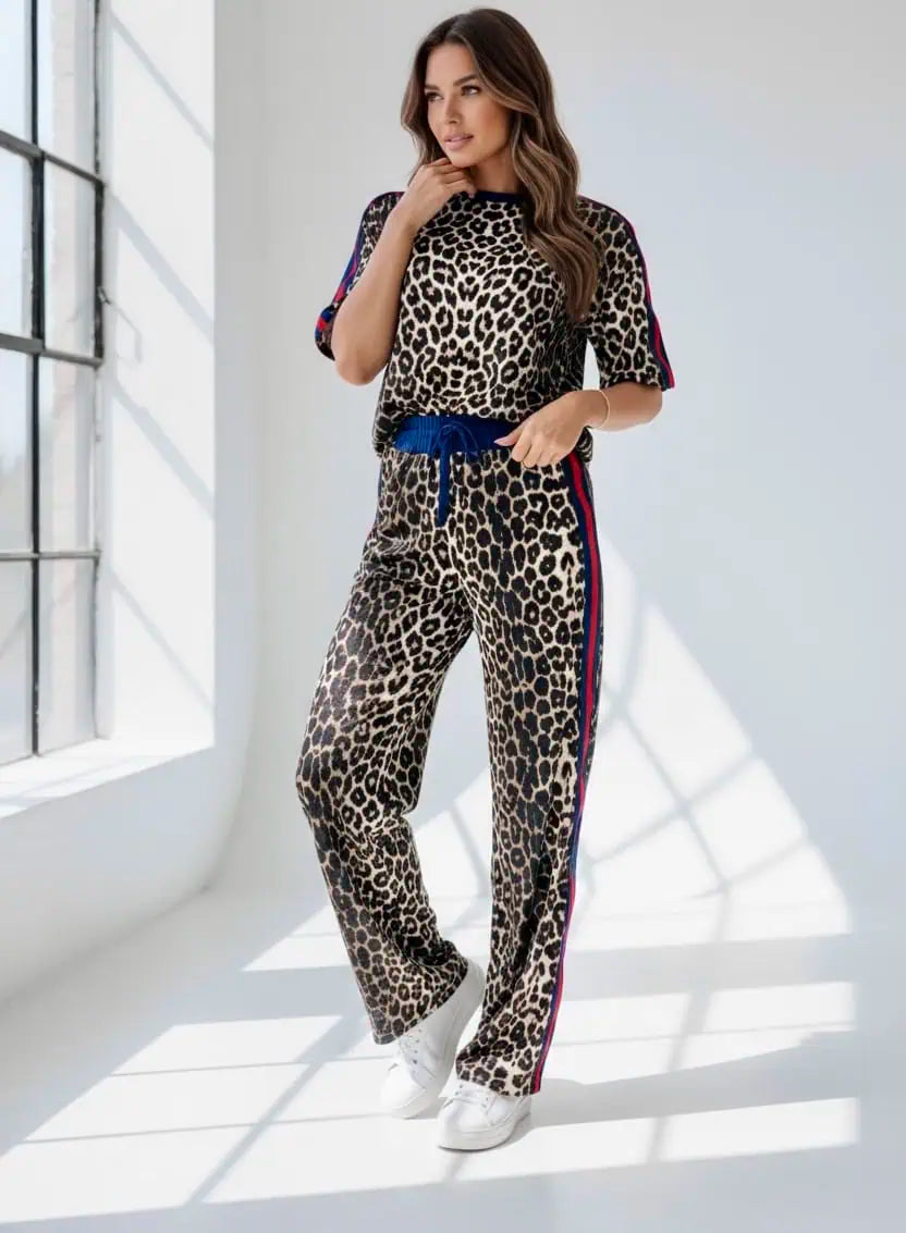 Leopard Round Neck Top and Pants Two-Piece Set | Loungewear Sets Daverri Fashions