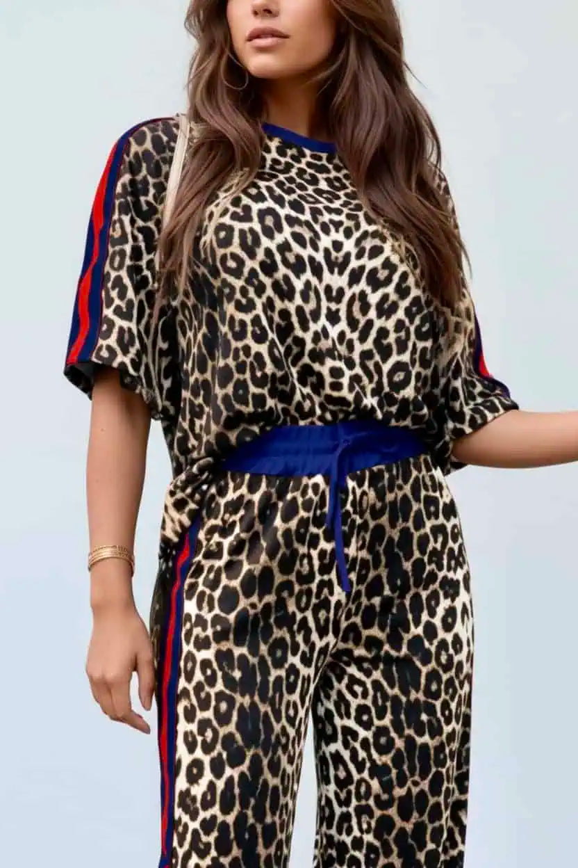 Leopard Round Neck Top and Pants Two-Piece Set | Loungewear Sets Daverri Fashions