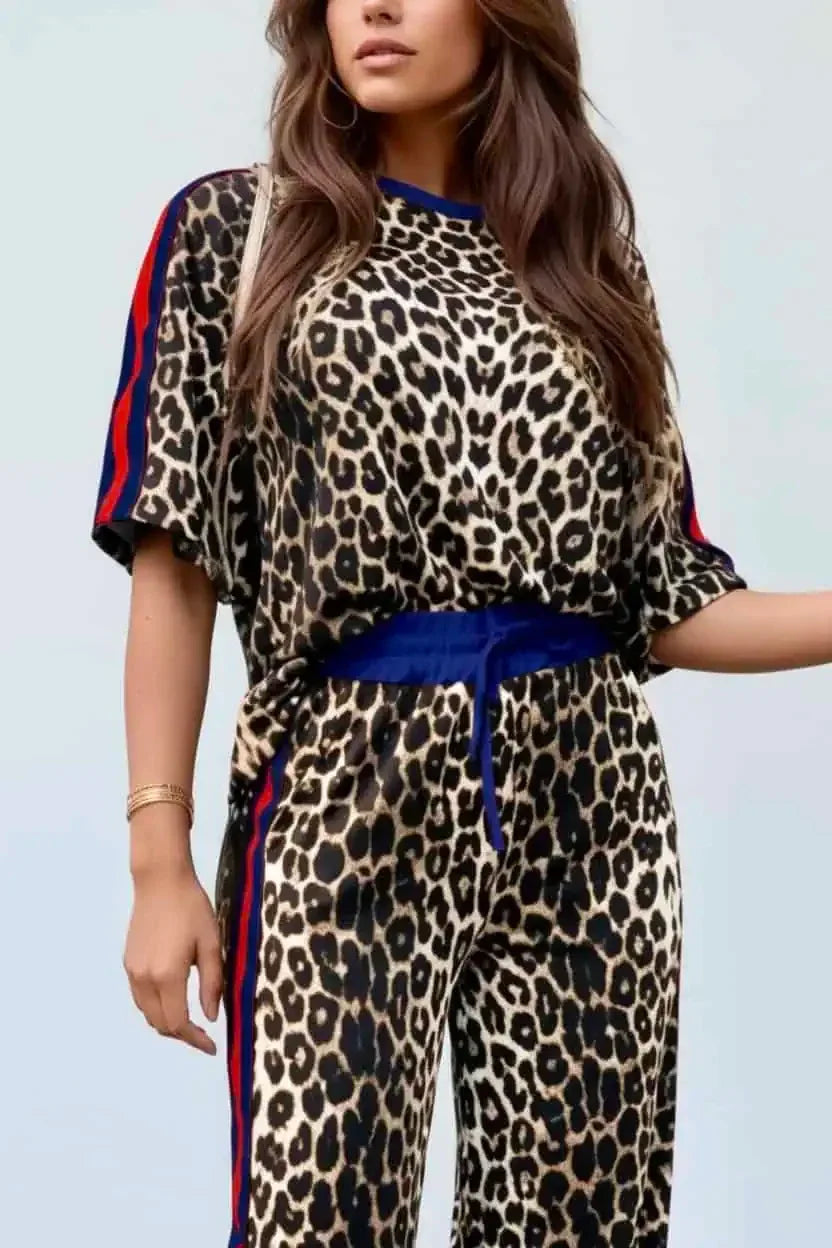 Leopard Round Neck Top and Pants Two-Piece Set - DAVERRI FASHIONS