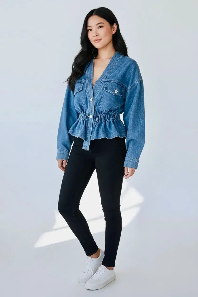 V Neck Denim Top - DAVERRI FASHIONS