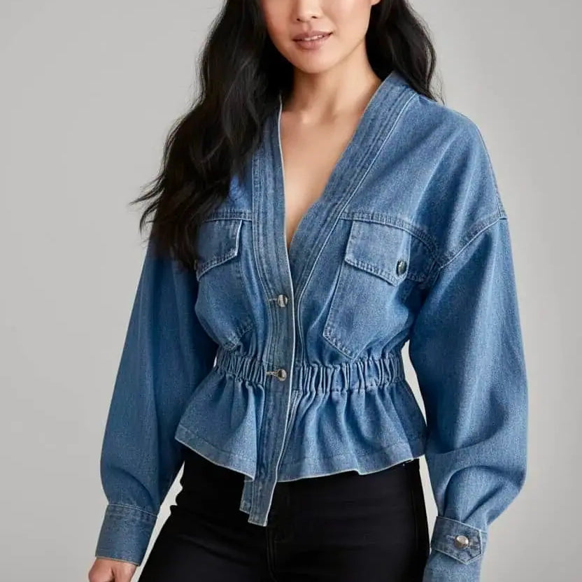 Light blue V-neck denim peplum top with button-down front and patch pockets
