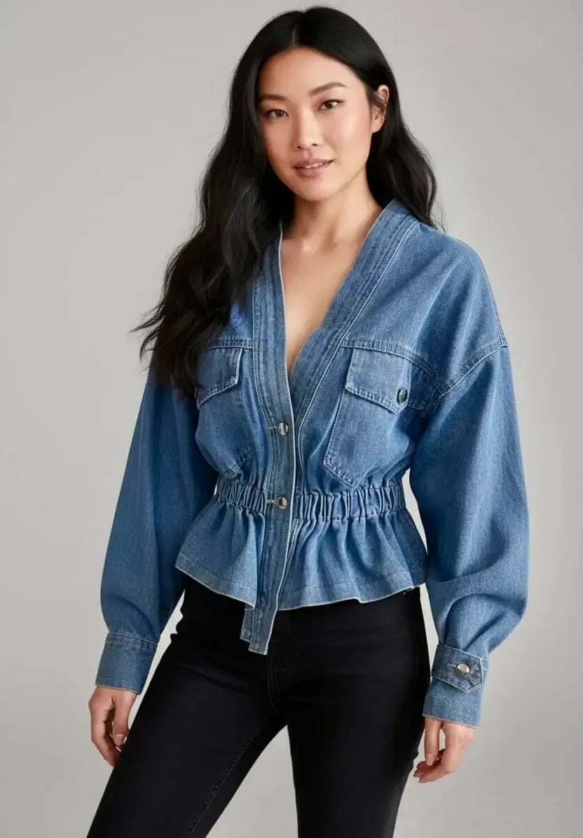V Neck Denim Top - DAVERRI FASHIONS