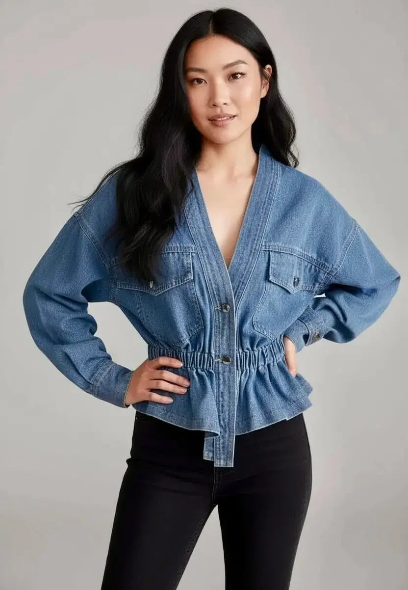 V Neck Denim Top - DAVERRI FASHIONS