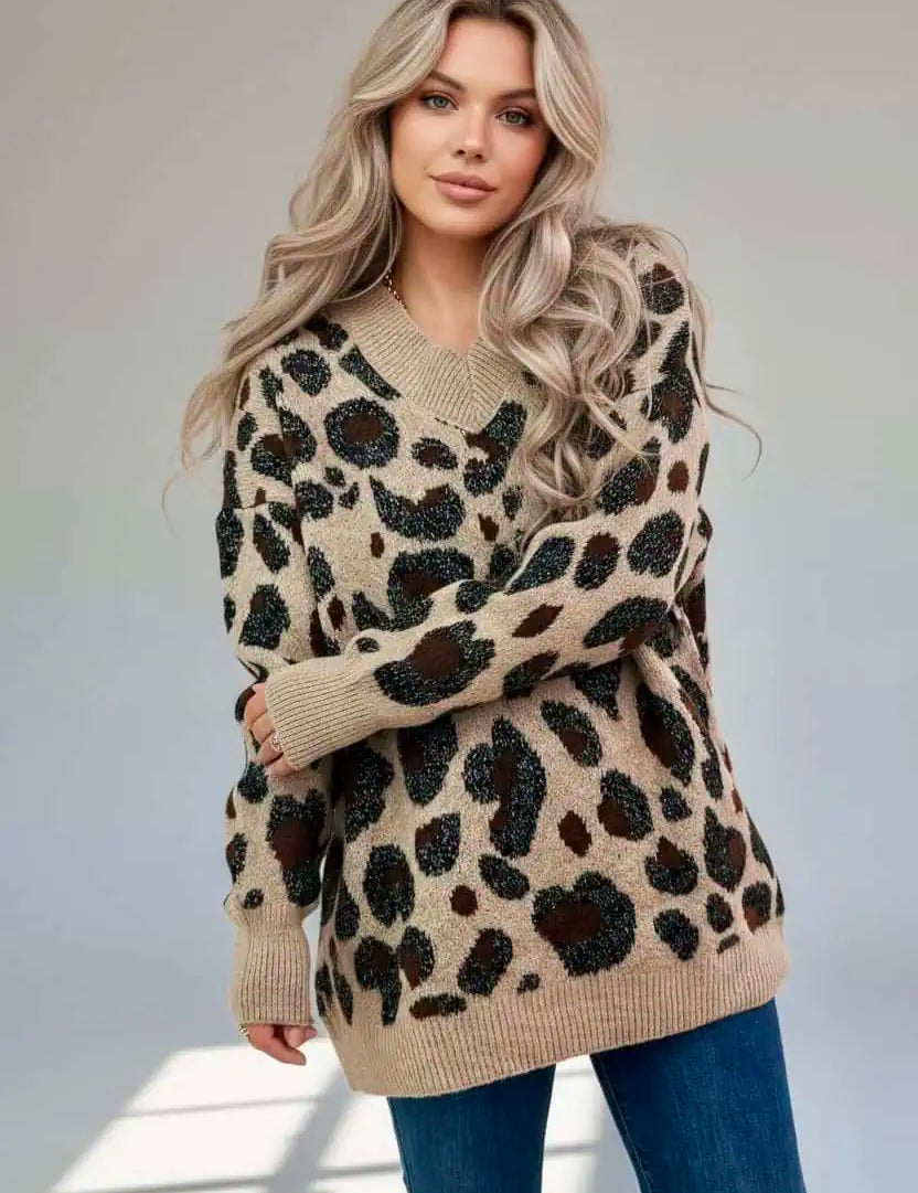 Leopard V-Neck Drop Shoulder Sweater | Sweaters Daverri Fashions