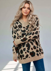 Leopard V-Neck Drop Shoulder Sweater | Sweaters Daverri Fashions