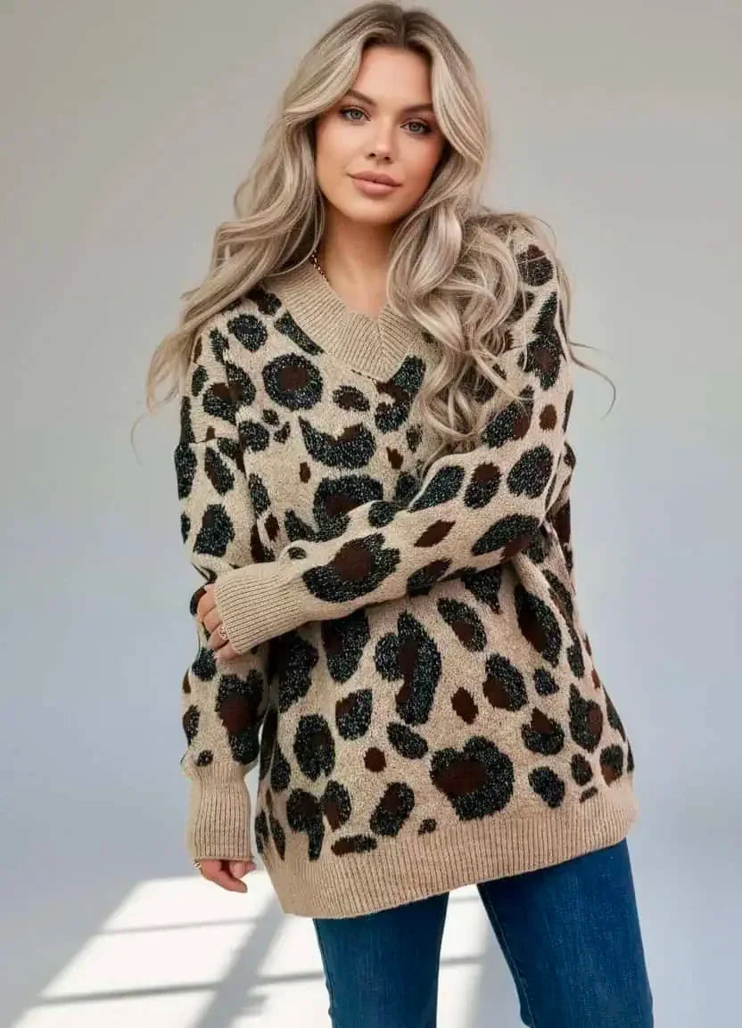 Leopard V-Neck Drop Shoulder Sweater - DAVERRI FASHIONS