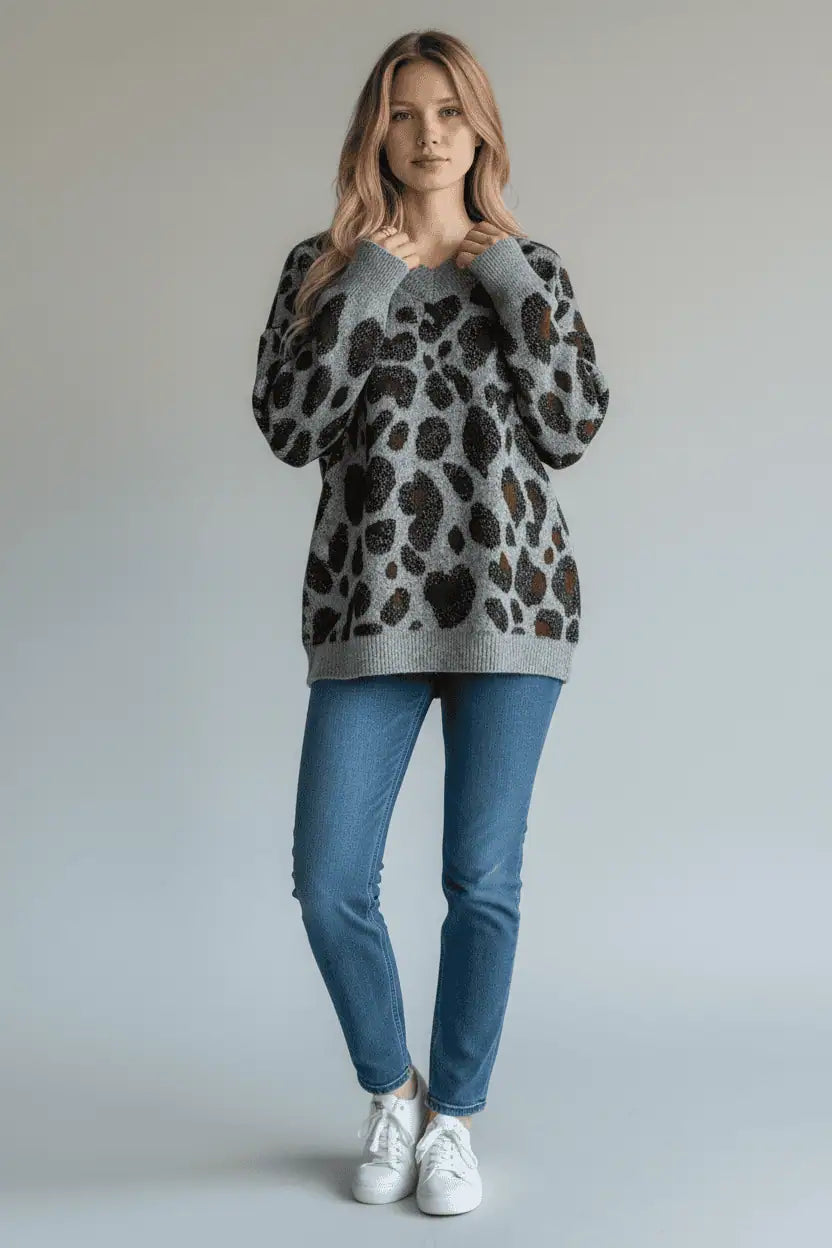 Leopard V-Neck Drop Shoulder Sweater | Sweaters Daverri Fashions