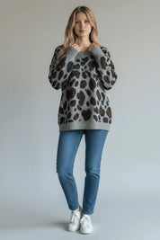 Leopard V-Neck Drop Shoulder Sweater | Sweaters Daverri Fashions