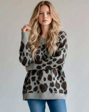 Leopard V-Neck Drop Shoulder Sweater | Sweaters Daverri Fashions