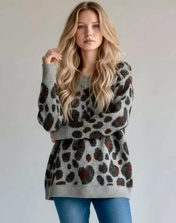 Leopard V-Neck Drop Shoulder Sweater - DAVERRI FASHIONS