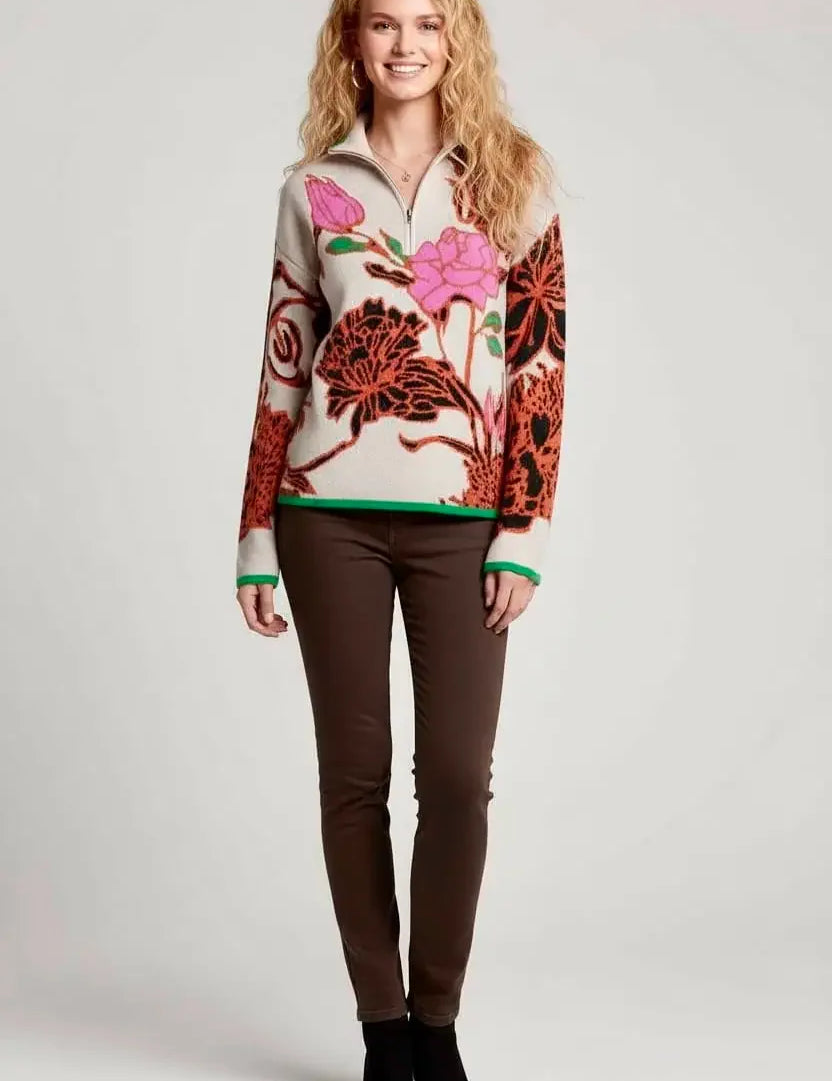 Floral embroidered knit quarter zip sweater with pink red flowers green trim
